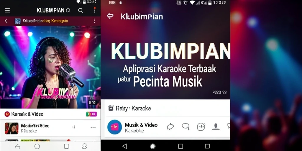 Tampilan antarmuka aplikasi KLUBIMPIAN dengan pilihan lagu karaoke.